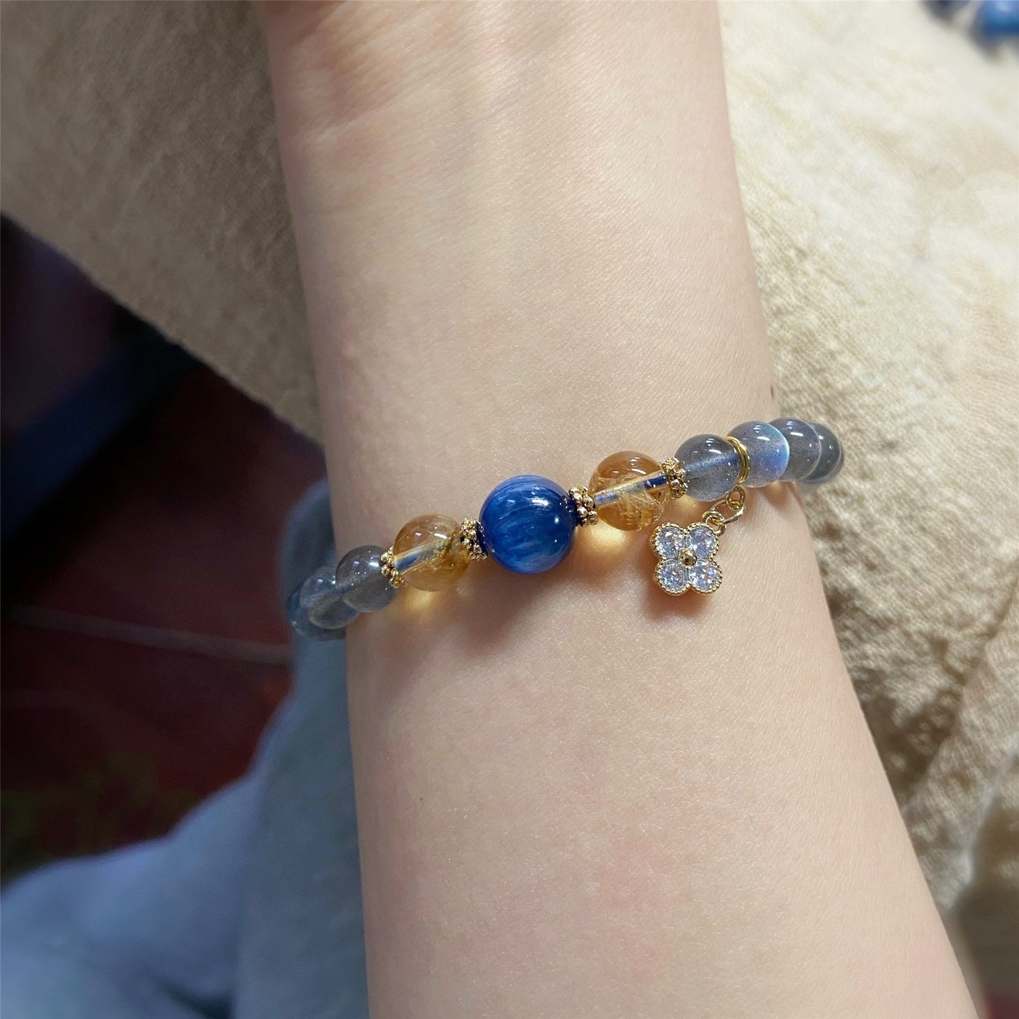 Natural Blue Moonstone Lucky Clover Bead Bracelets