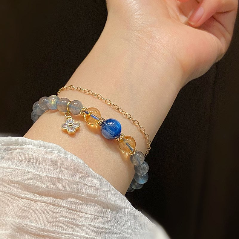 Natural Blue Moonstone Lucky Clover Bead Bracelets