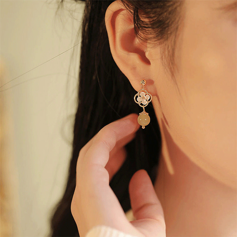 Orchid Hetian Jade Chinese Vintage Style Earrings