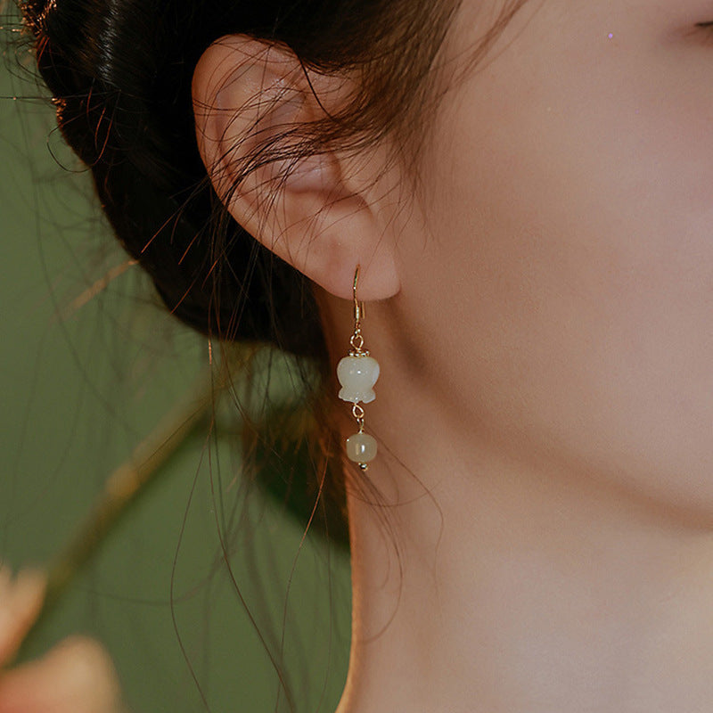 Orchid Flower Hetian Jade Ethnic Style Earrings