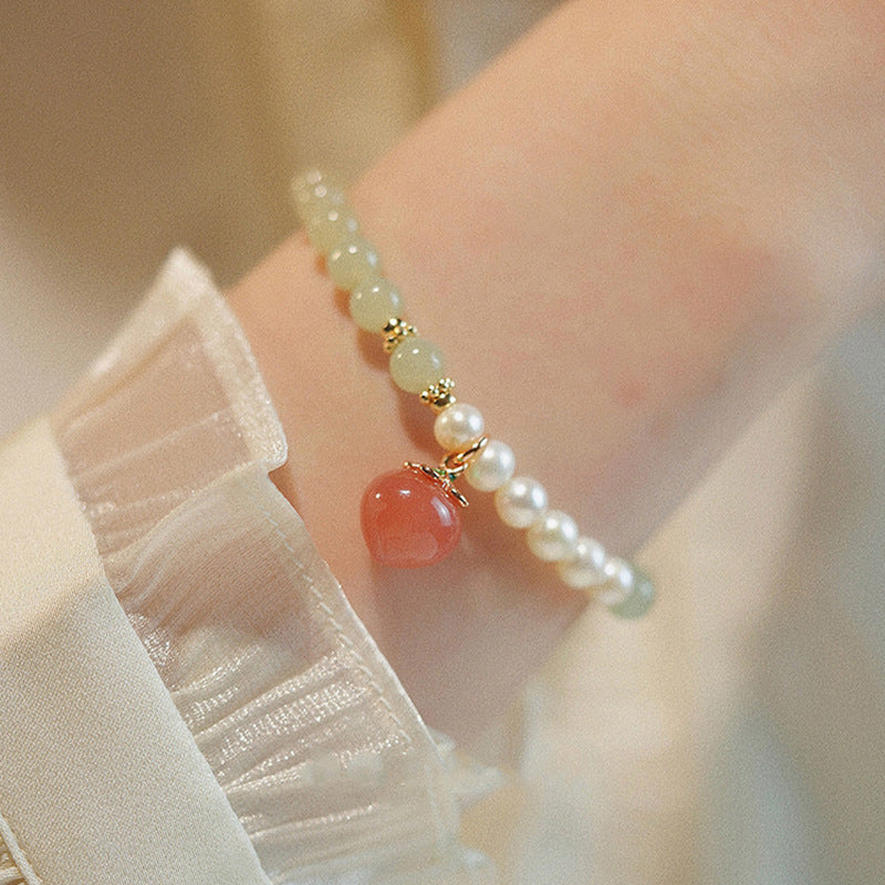 Hetian Jade Real Pearls Peach Drop 6mm Bead Bracelets