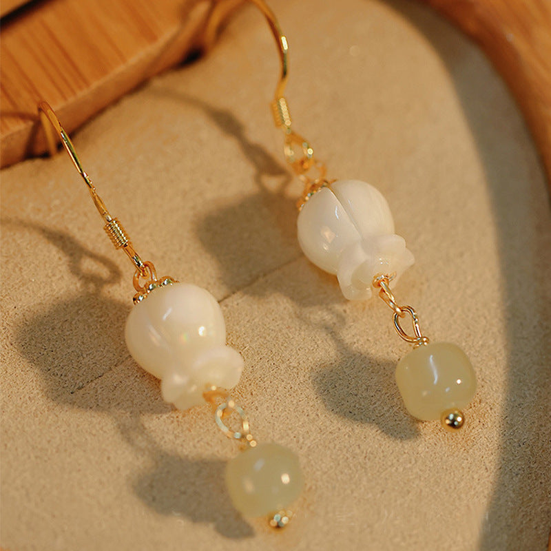 Orchid Flower Hetian Jade Ethnic Style Earrings