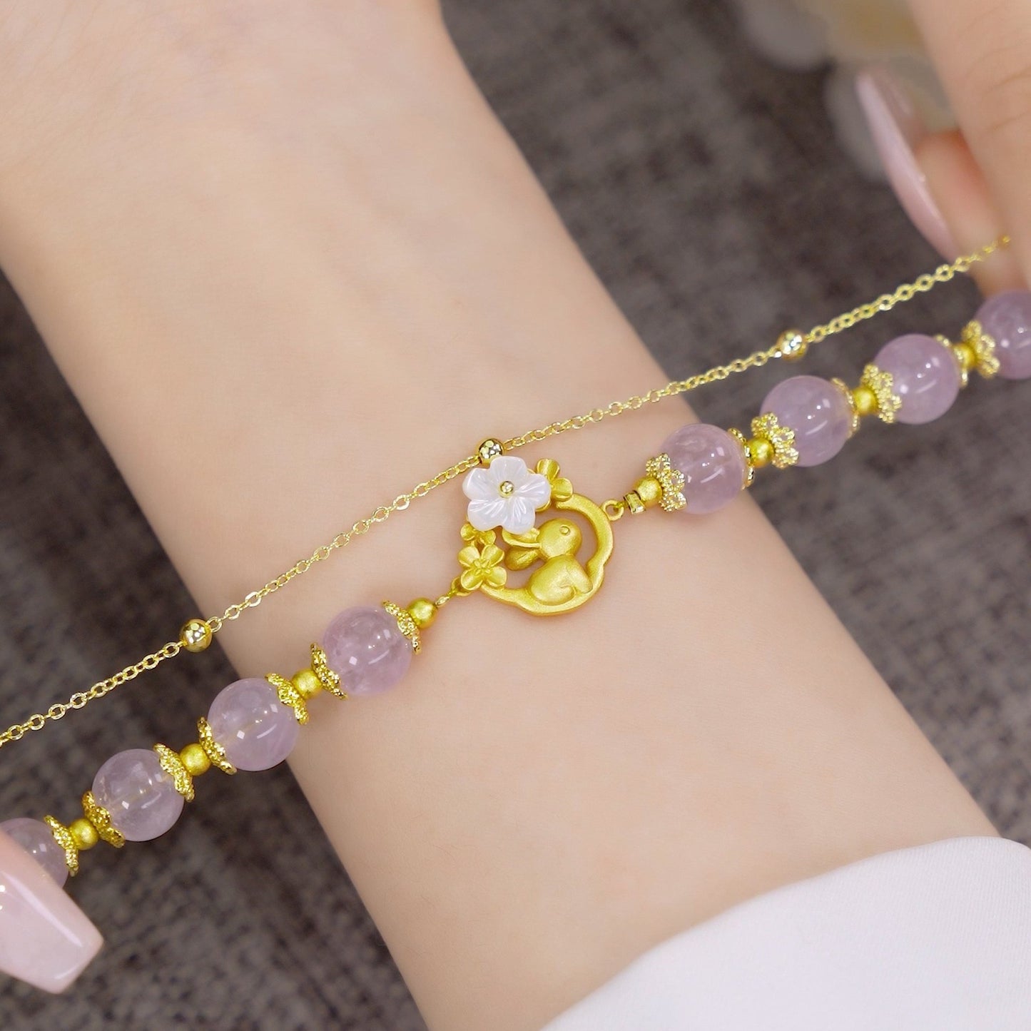Kunzite Plum Flower and Rabbit 8mm Bead Bracelets