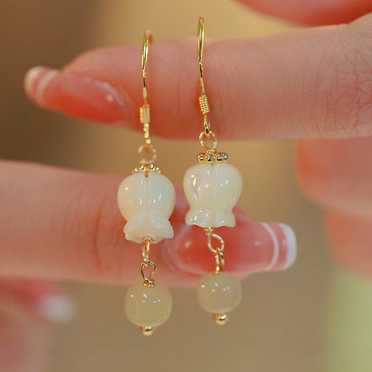 Orchid Flower Hetian Jade Ethnic Style Earrings