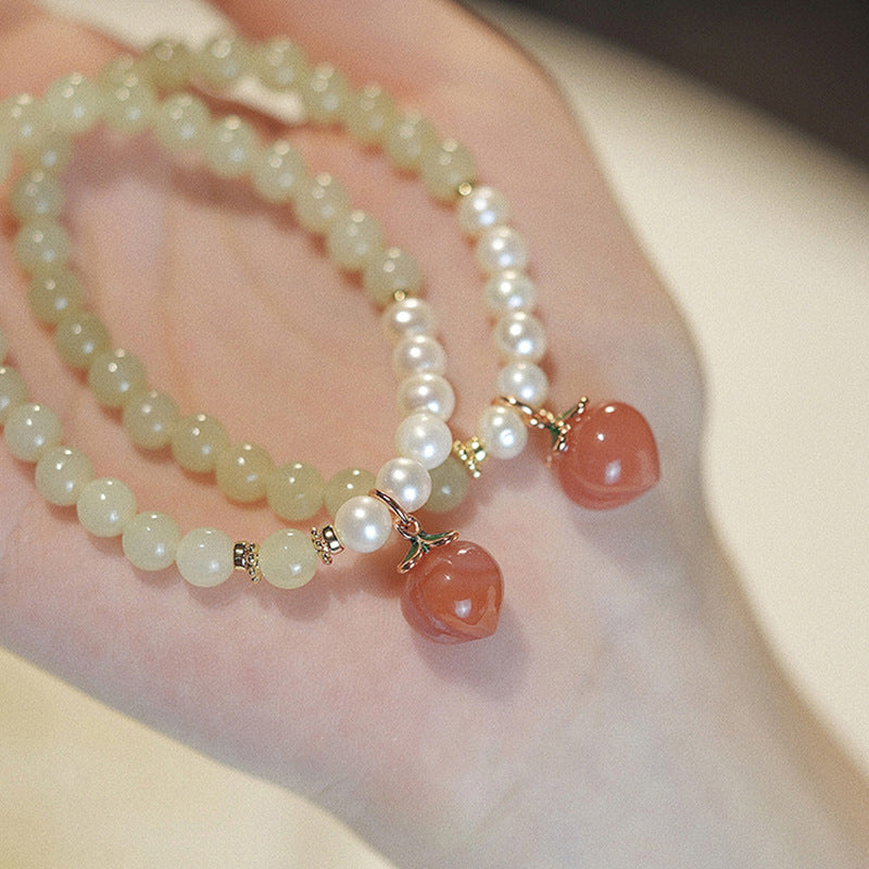 Hetian Jade Real Pearls Peach Drop 6mm Bead Bracelets
