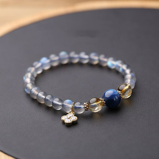 Natural Blue Moonstone Lucky Clover Bead Bracelets