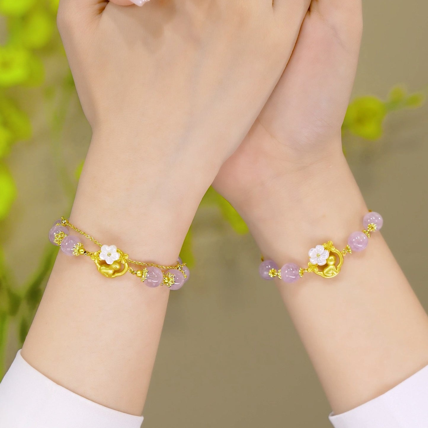 Kunzite Plum Flower and Rabbit 8mm Bead Bracelets