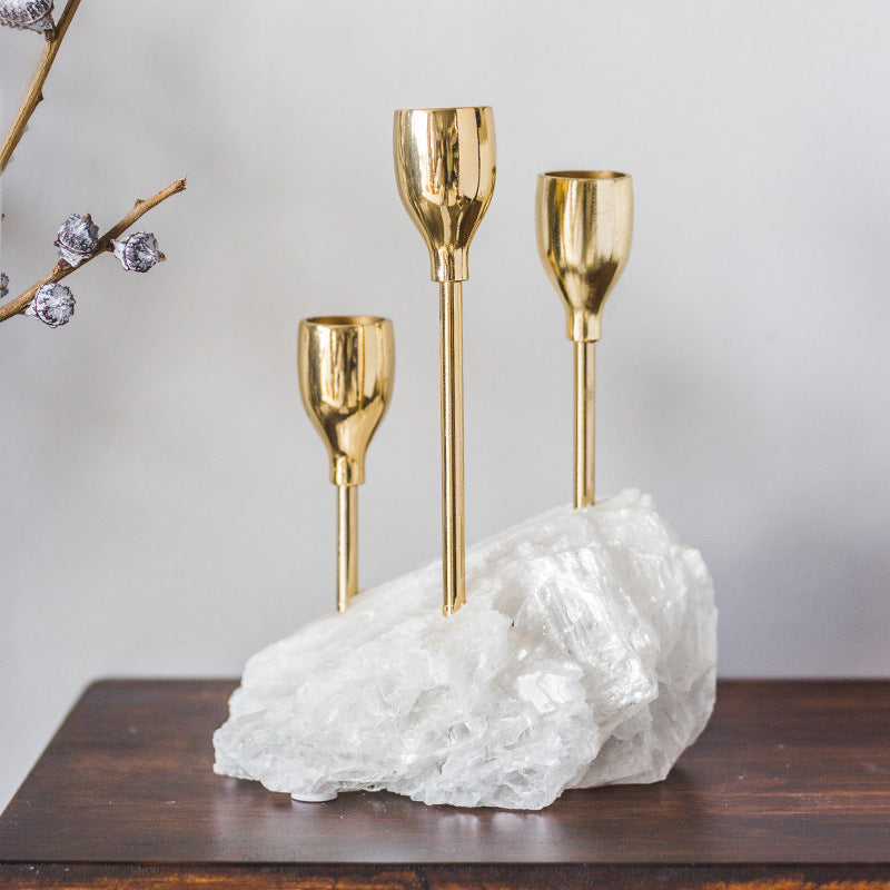 Selenite Rough Stone Pure Cooper Candle Holder Table Ornaments