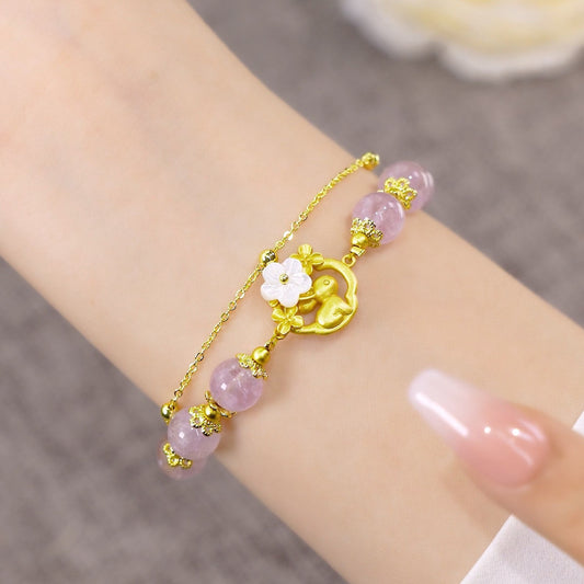 Kunzite Plum Flower and Rabbit 8mm Bead Bracelets
