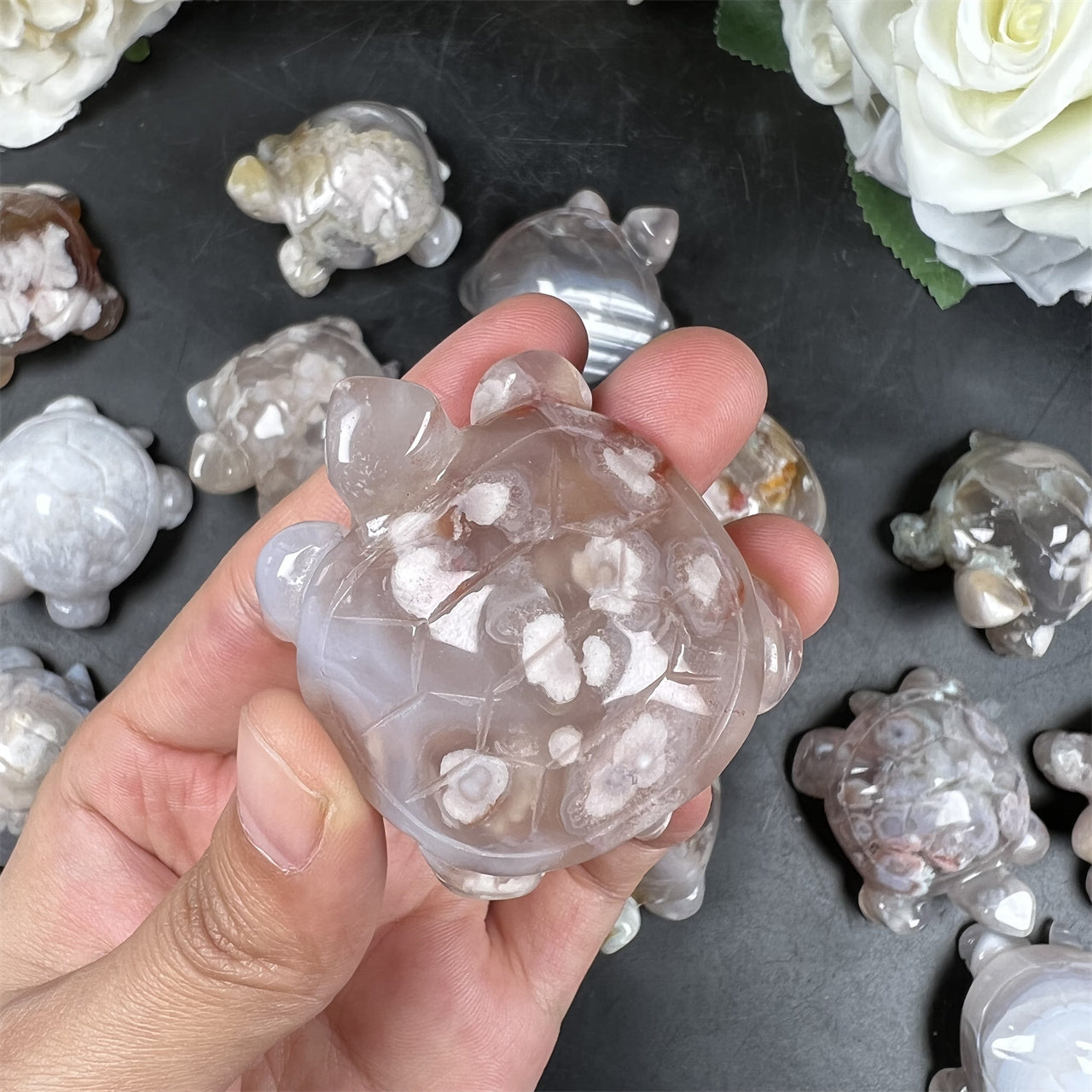Cherry Blossom Agate Turtle Carvings