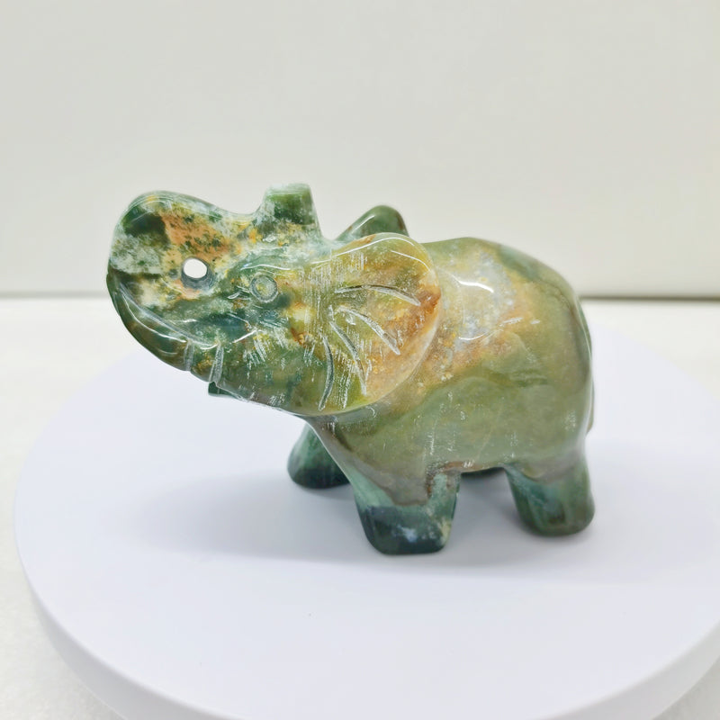 Moss Agate Bamboo Leaf Jasper Crystal Elephant Carving