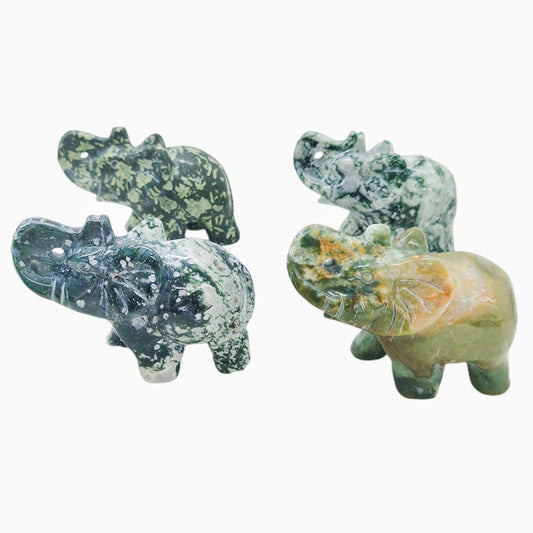 Moss Agate Bamboo Leaf Jasper Crystal Elephant Carving