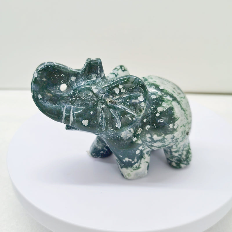 Moss Agate Bamboo Leaf Jasper Crystal Elephant Carving