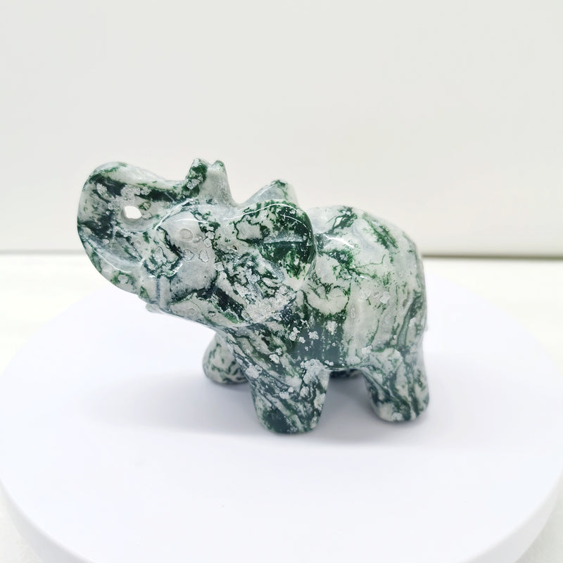 Moss Agate Bamboo Leaf Jasper Crystal Elephant Carving
